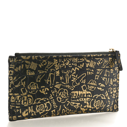 Chanel Calfskin Crocodile Embossed Graffiti 2.55 Cocodile Reissue Zip Pouch Black Gold 3 of 8