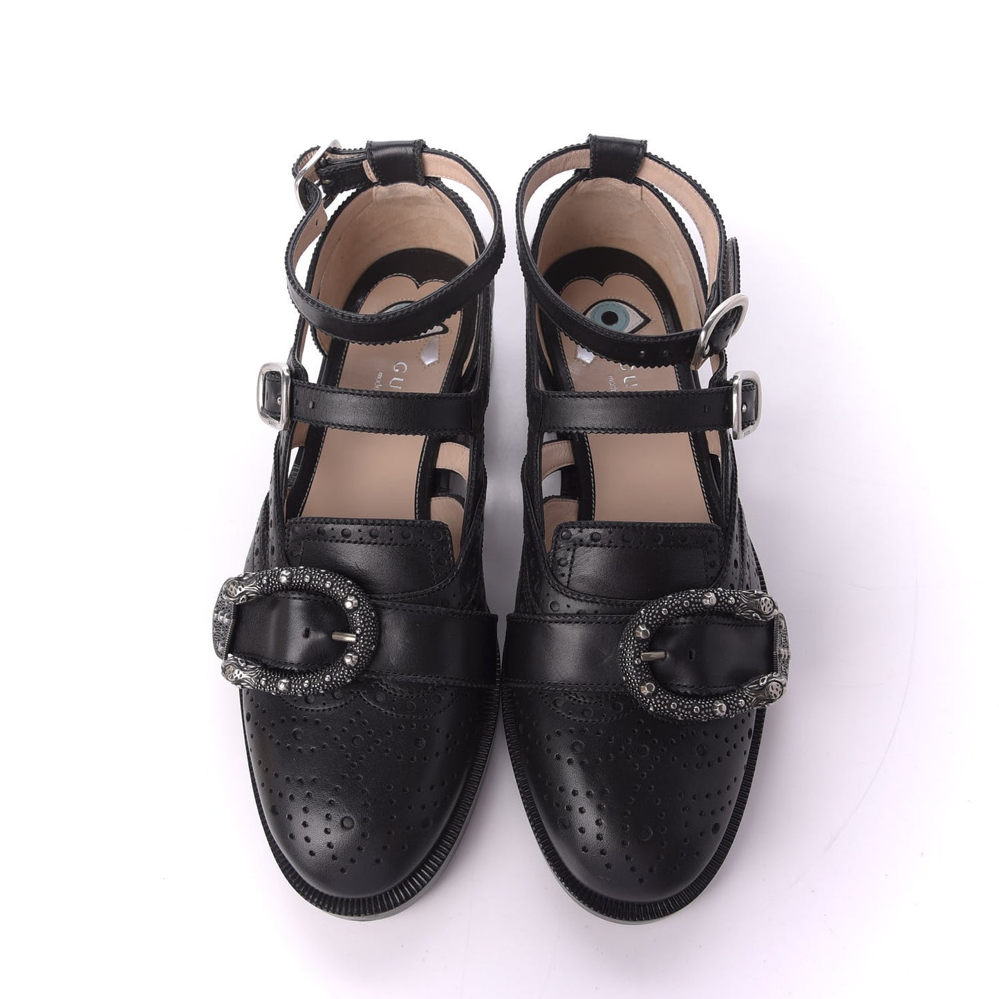 Calfskin Bee Embroidered Womens Queercore Brogue Wingtip Monk Strap Loafers 37.5 Black