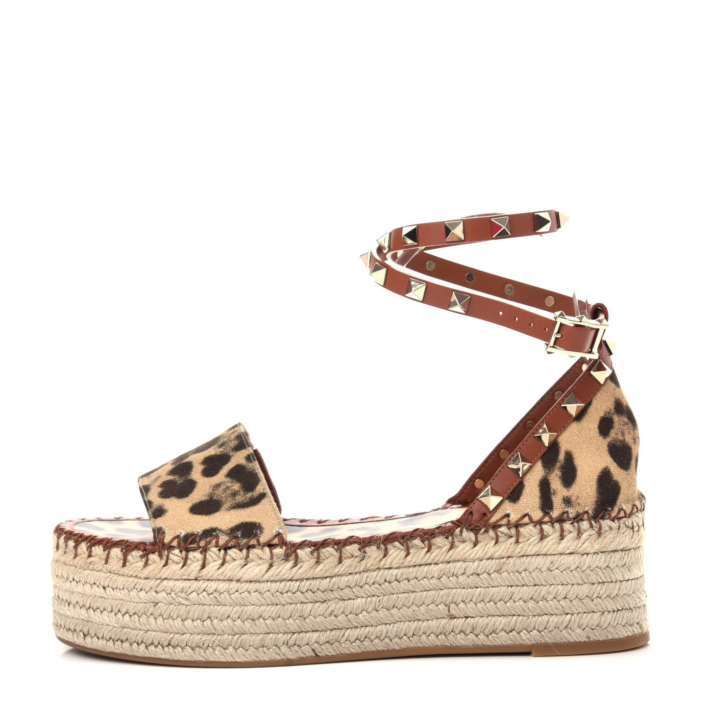 Canvas Leopard Print Rockstud Ankle Wrap Espadrille Flatform Sandals 38 Brown