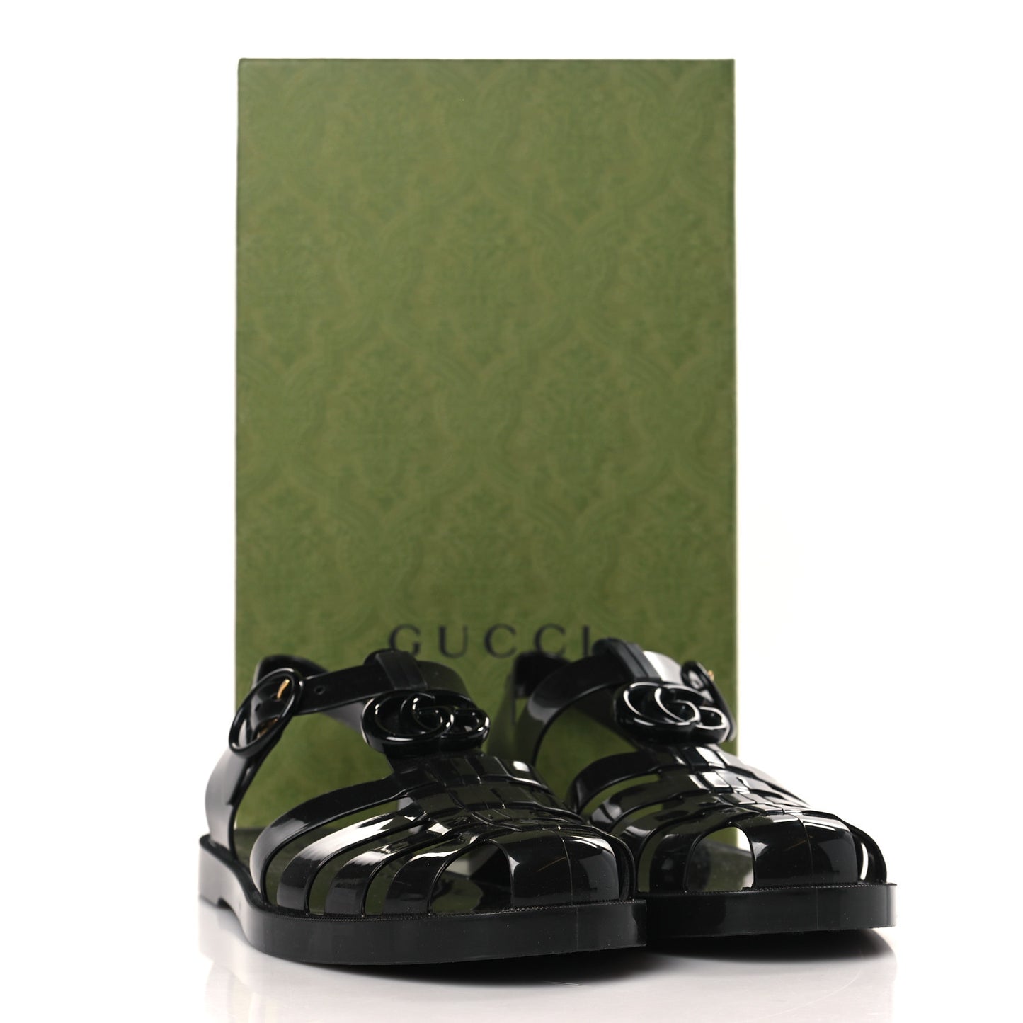 Shiny Rubber Double G Buckle Strap Sandals 38 Black