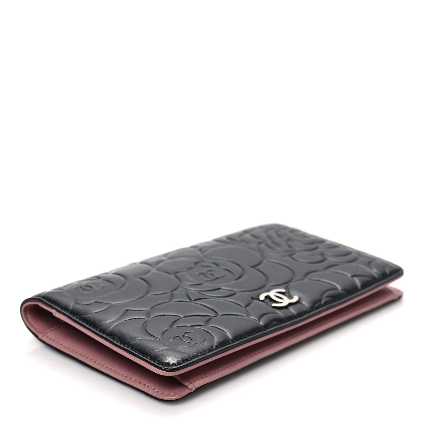 Lambskin Camellia Embossed Yen Wallet Black