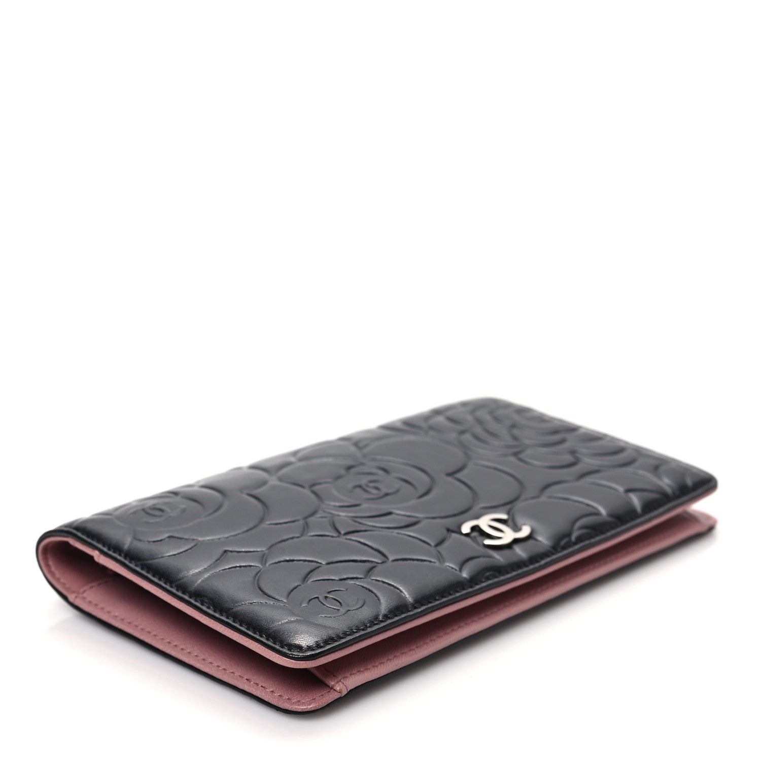 Chanel Lambskin Camellia Embossed Yen Wallet Black 4 of 7