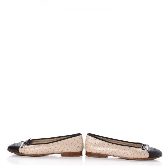 Chanel Lambskin Perforated Cap Toe Ballerina Flats 36 Beige Black 7 of 10