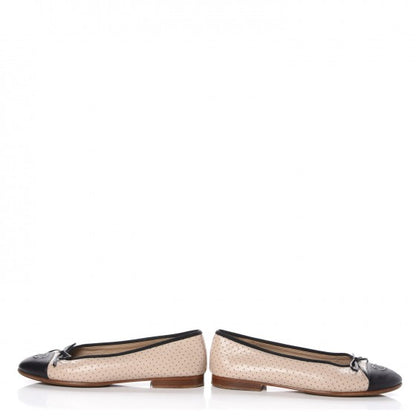 Chanel Lambskin Perforated Cap Toe Ballerina Flats 36 Beige Black 7 of 10