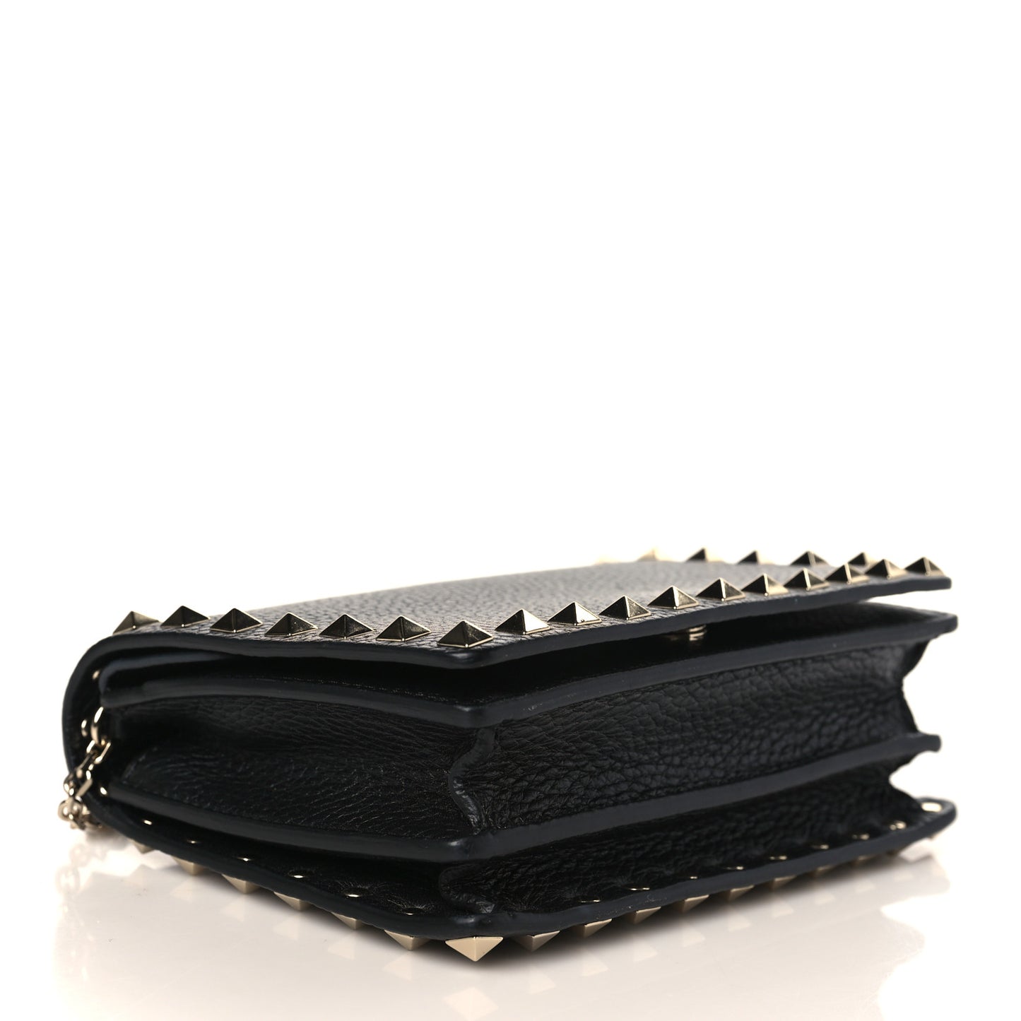 Pebbled Calfskin Rockstud Wallet on Chain Black