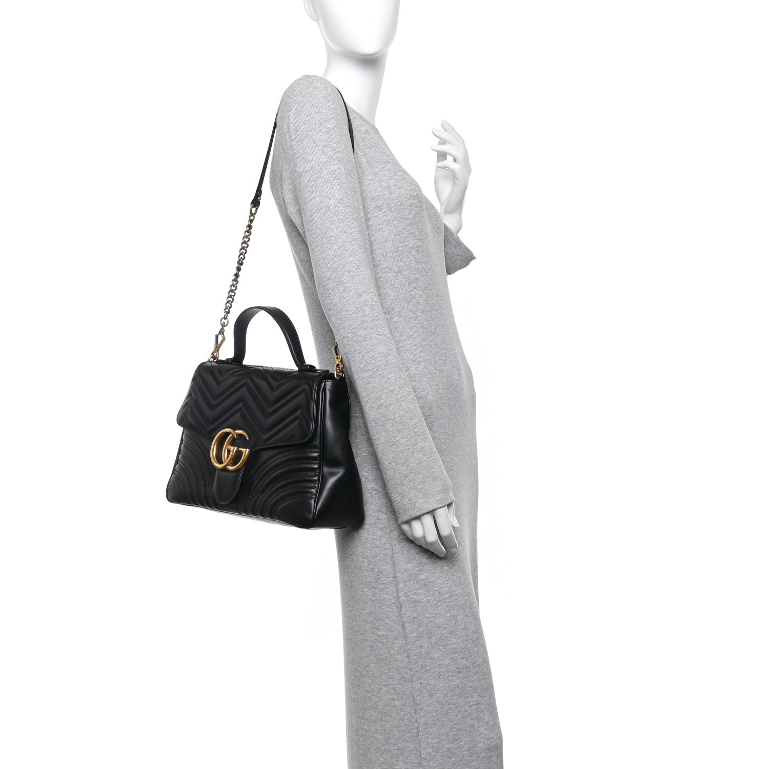 Gucci Calfskin Matelasse Medium GG Marmont Top Handle Shoulder Bag Black 2 of 10