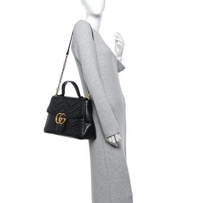 Gucci Calfskin Matelasse Medium GG Marmont Top Handle Shoulder Bag Black 2 of 10