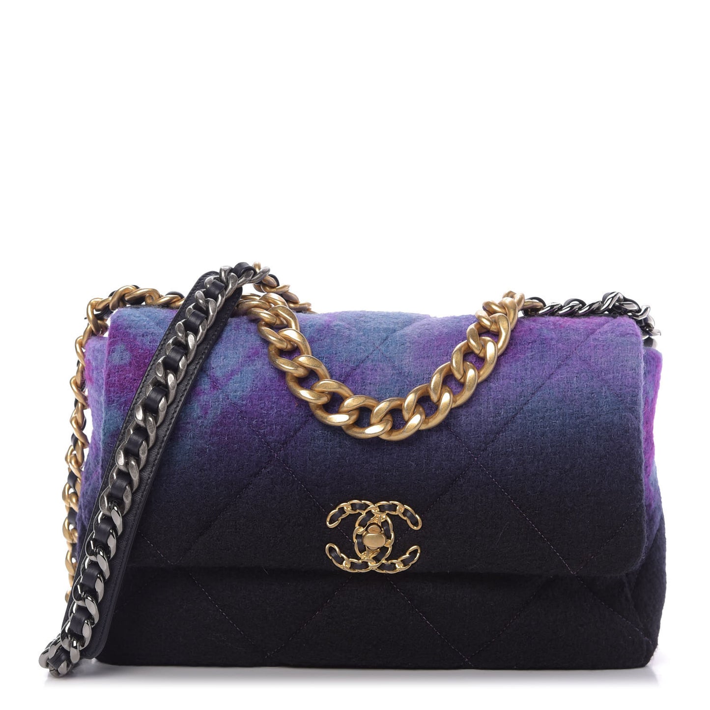Wool Tweed Quilted Large 19 Flap Purple Black Blue