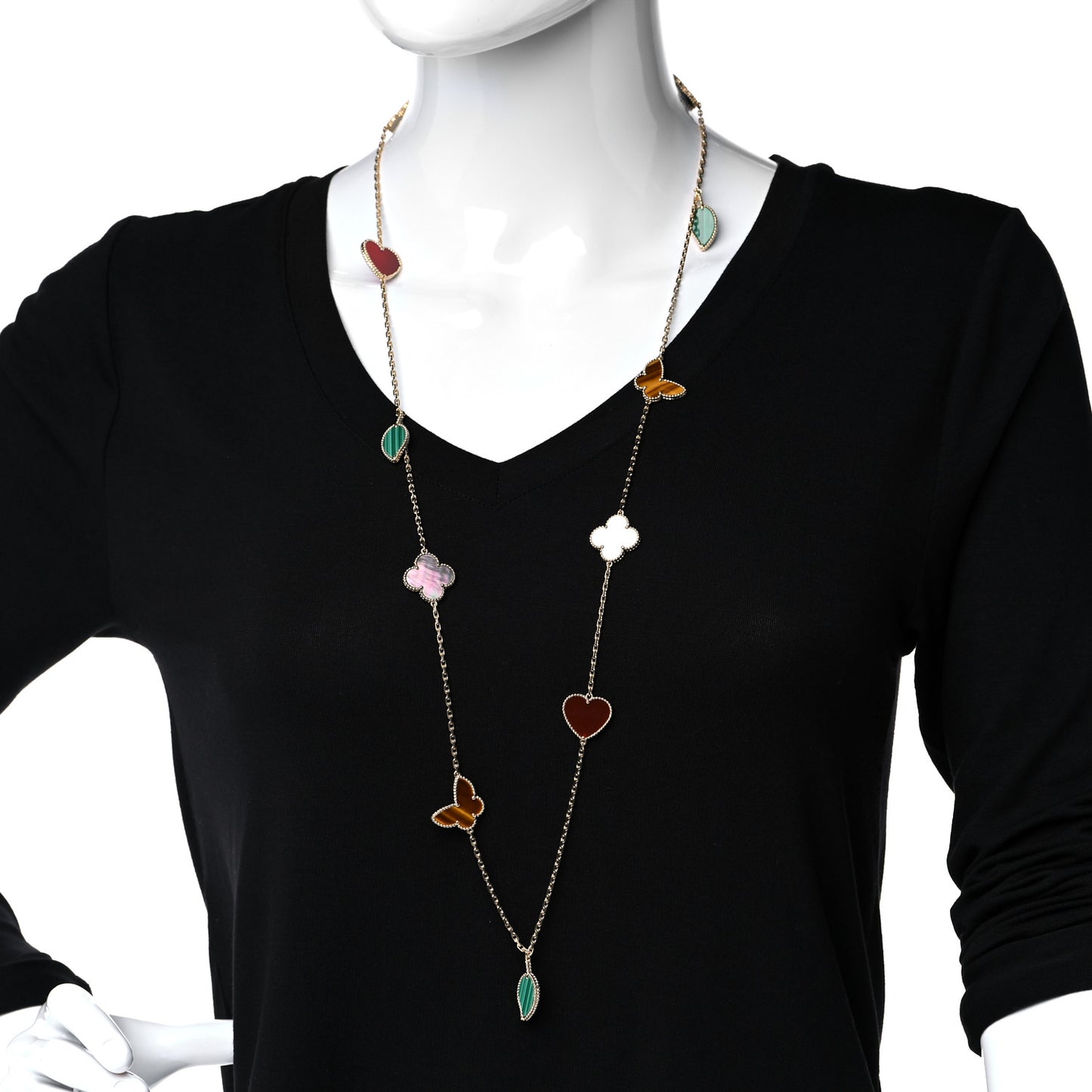 18K Yellow Gold Mother of Pearl Malachite Carnelian Tiger Eye 12 Motif Lucky Alhambra Necklace