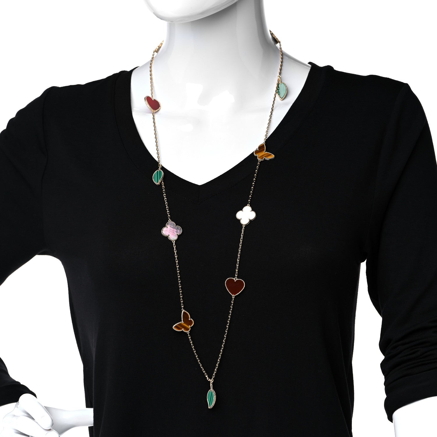 Van Cleef & Arpels 18K Yellow Gold Mother of Pearl Malachite Carnelian Tiger Eye 12 Motif Lucky Alhambra Necklace 2 of 7