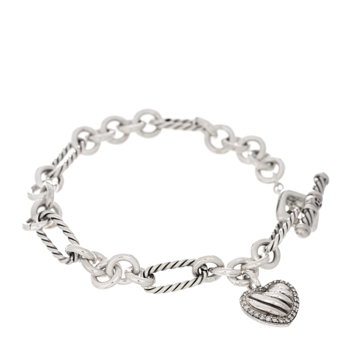 Sterling Silver Diamond Cable Heart Charm Bracelet