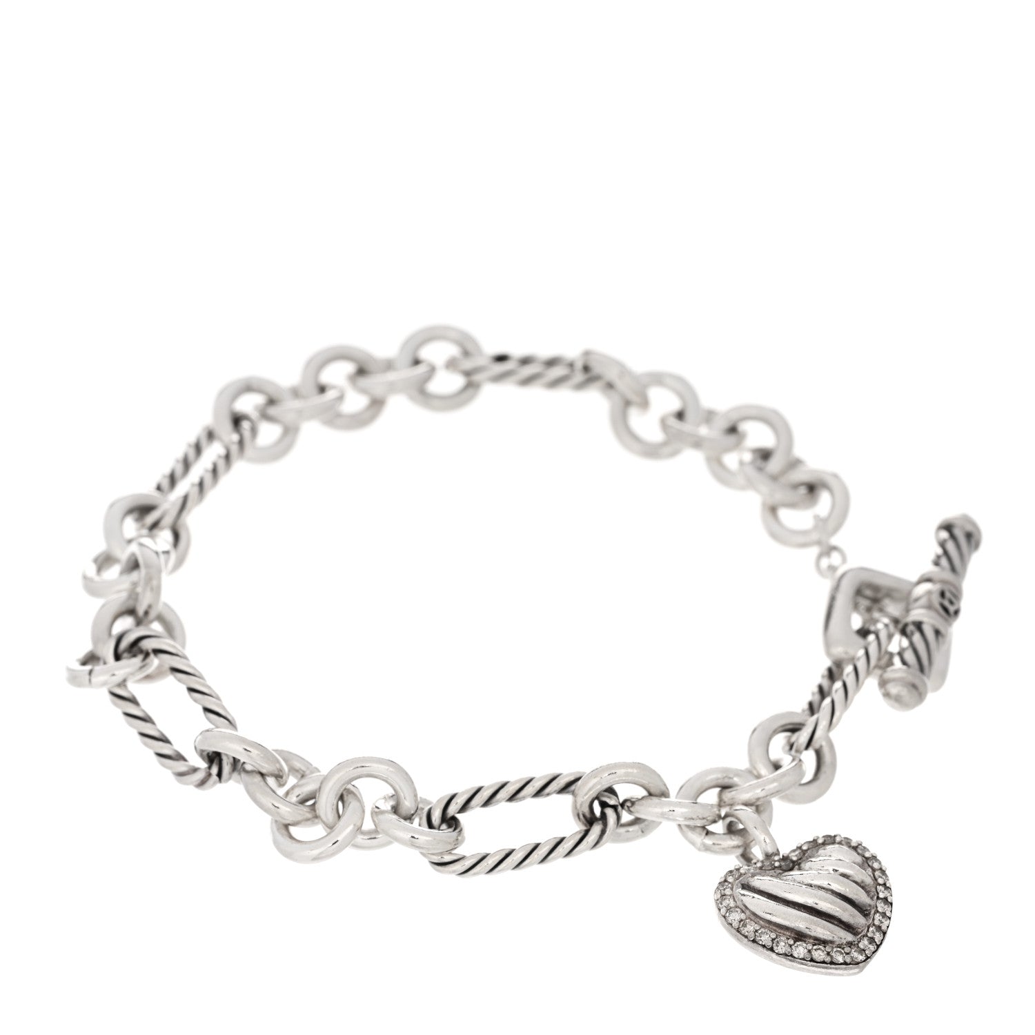 David Yurman Sterling Silver Diamond Cable Heart Charm Bracelet 1 of 3