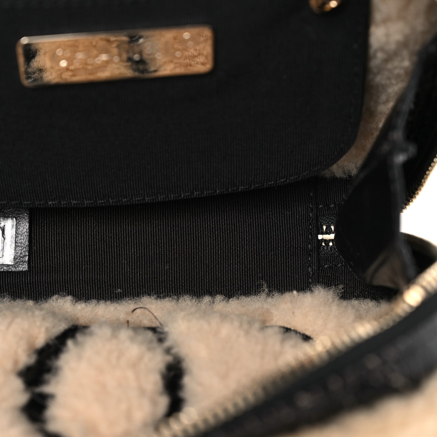 Shiny Crumpled Sheepskin Shearling Waist Bag Black Beige