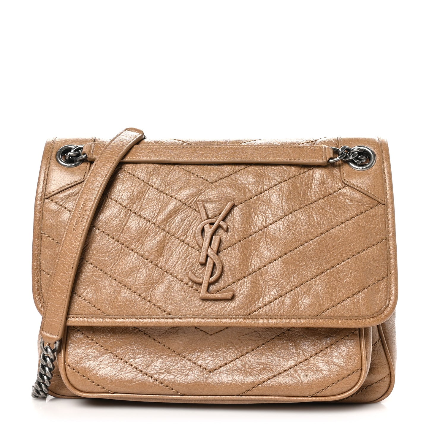 Crinkled Calfskin Matelasse Monogram Medium Niki Chain Satchel Natural Tan