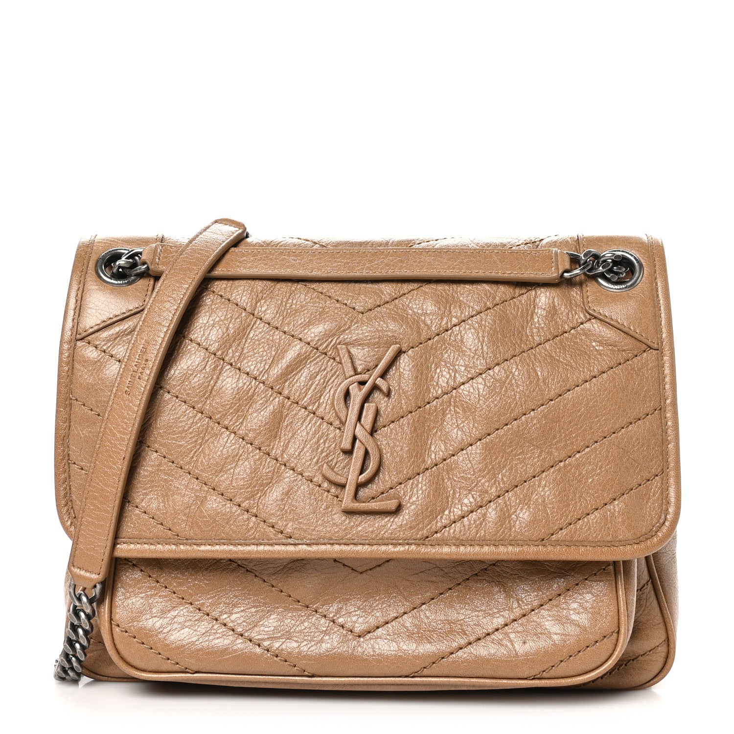 Saint Laurent Crinkled Calfskin Matelasse Monogram Medium Niki Chain Satchel Natural Tan 1 of 10
