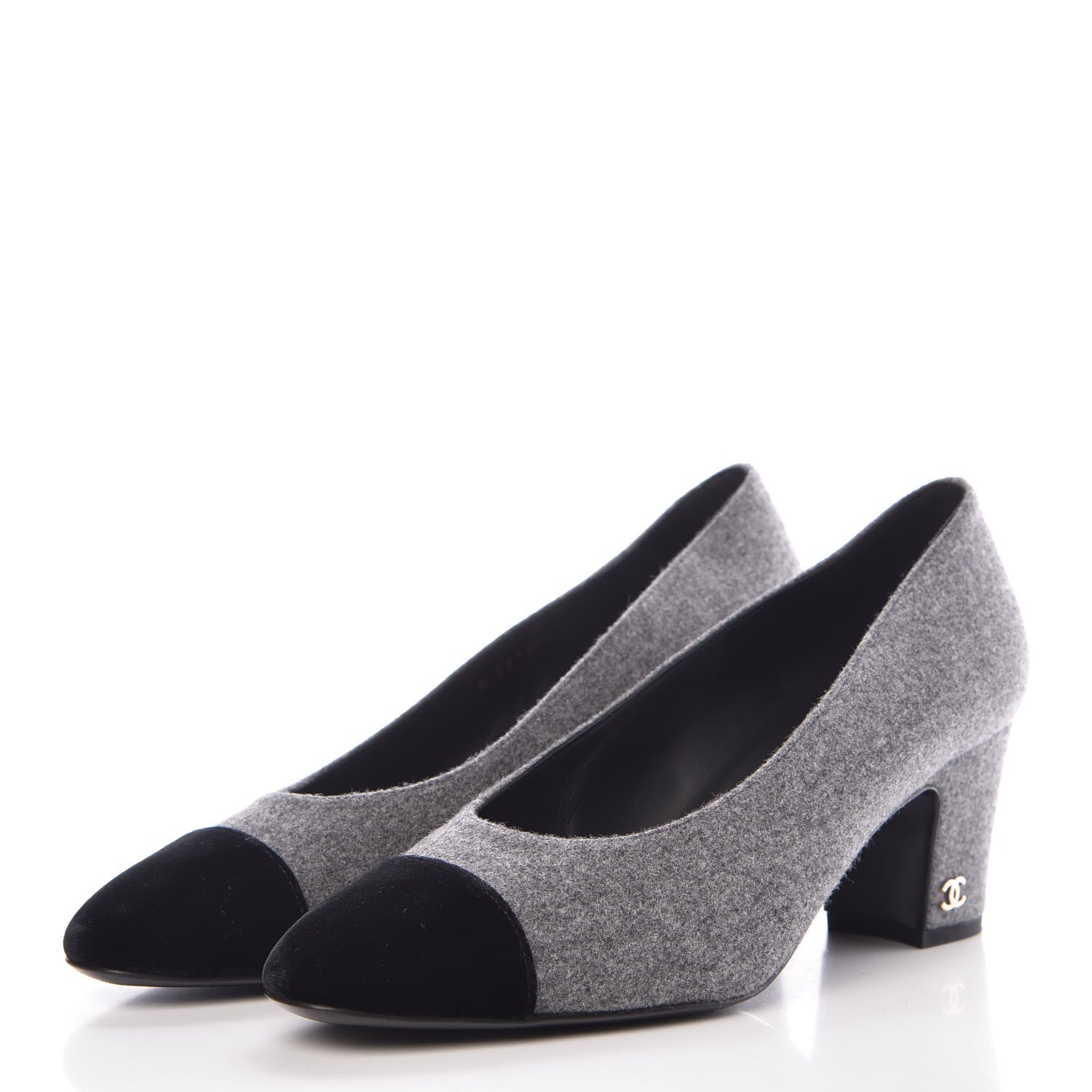 Chanel Wool Velvet Cap Toe Pumps 37 Grey Black 2 of 9