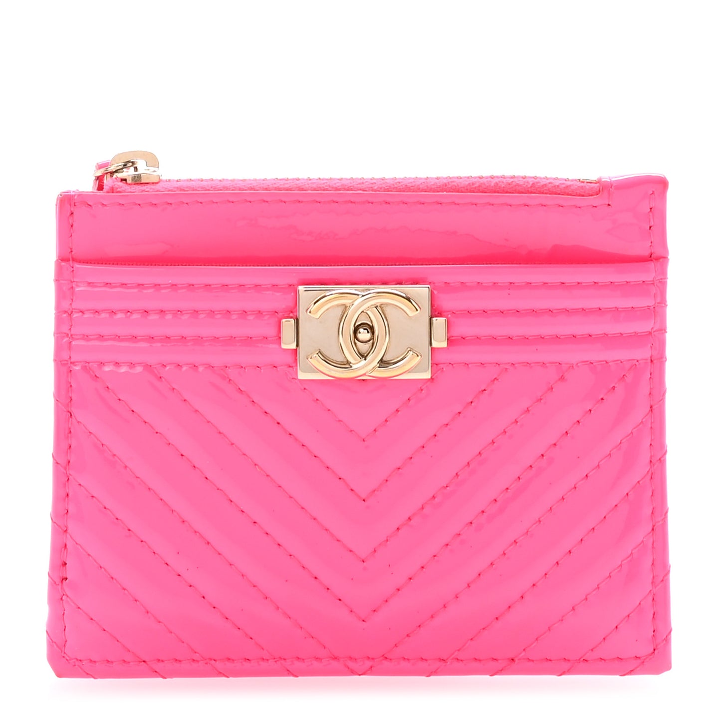 Patent Chevron Quilted Boy Zip Card Holder Neon Pink
