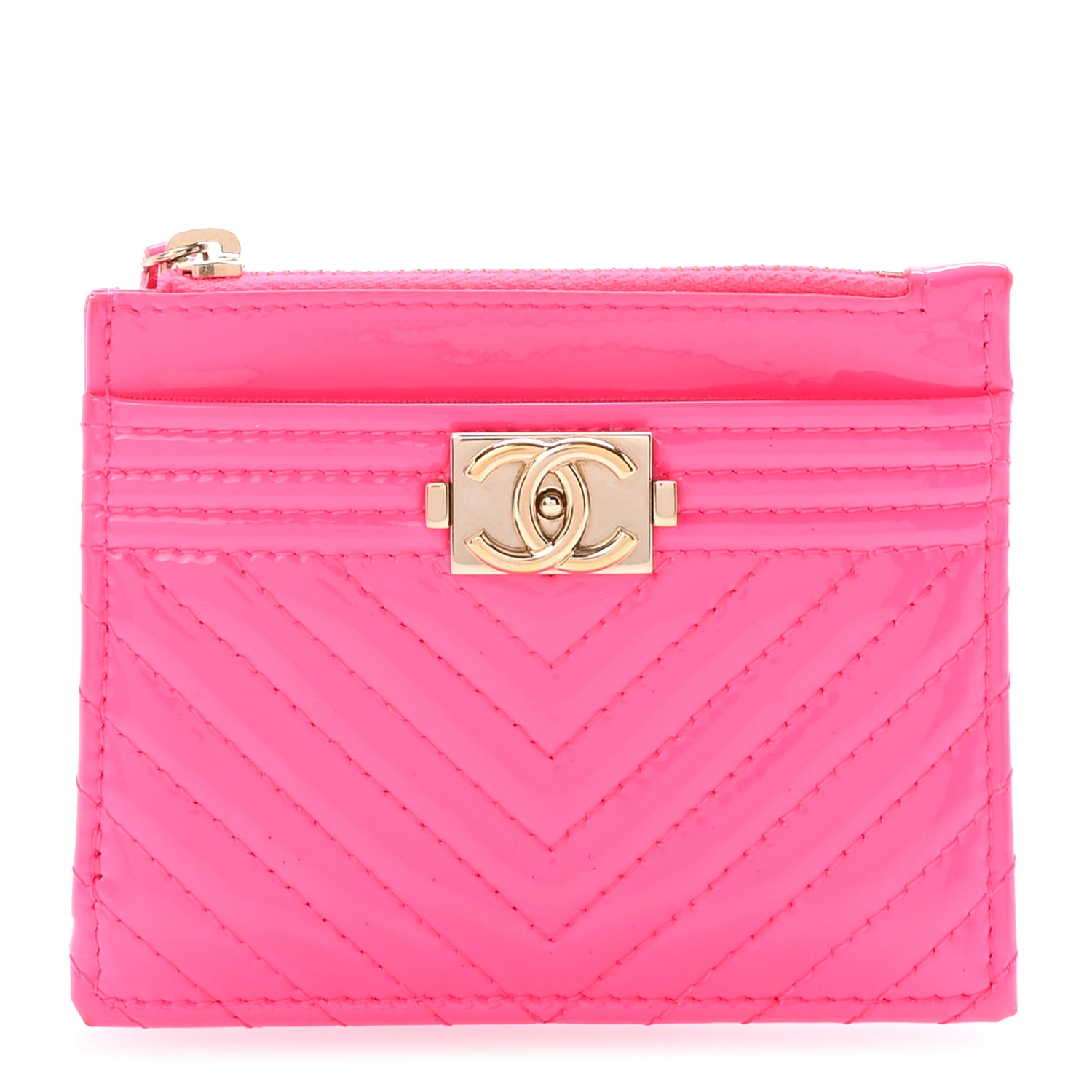 Chanel Patent Chevron Quilted Boy Zip Card Holder Neon Pink 1 of 7