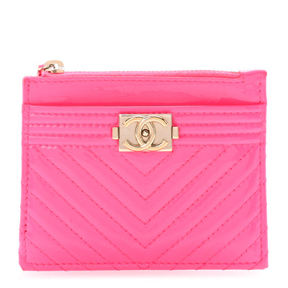 Chanel Patent Chevron Quilted Boy Zip Card Holder Neon Pink 1 of 7