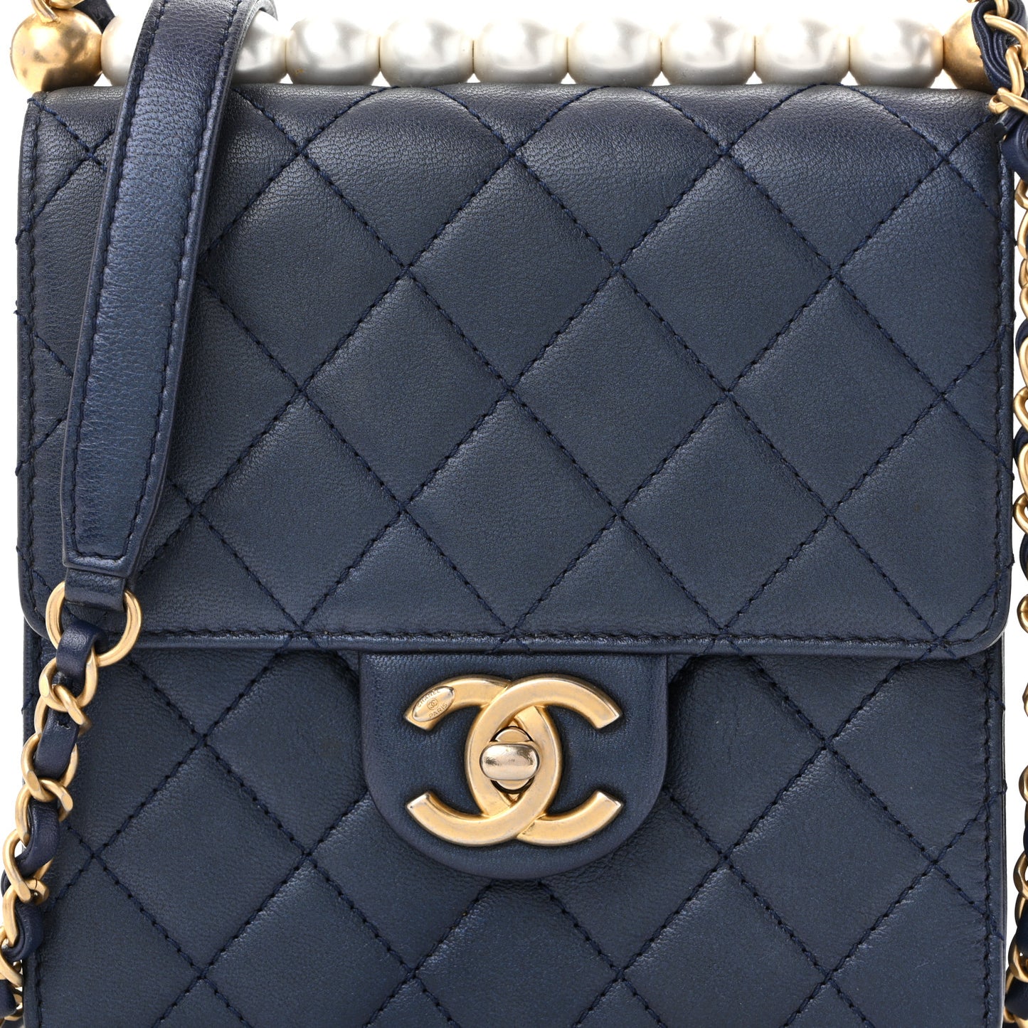 Iridescent Lambskin Quilted Chic Pearls Flap Navy Blue