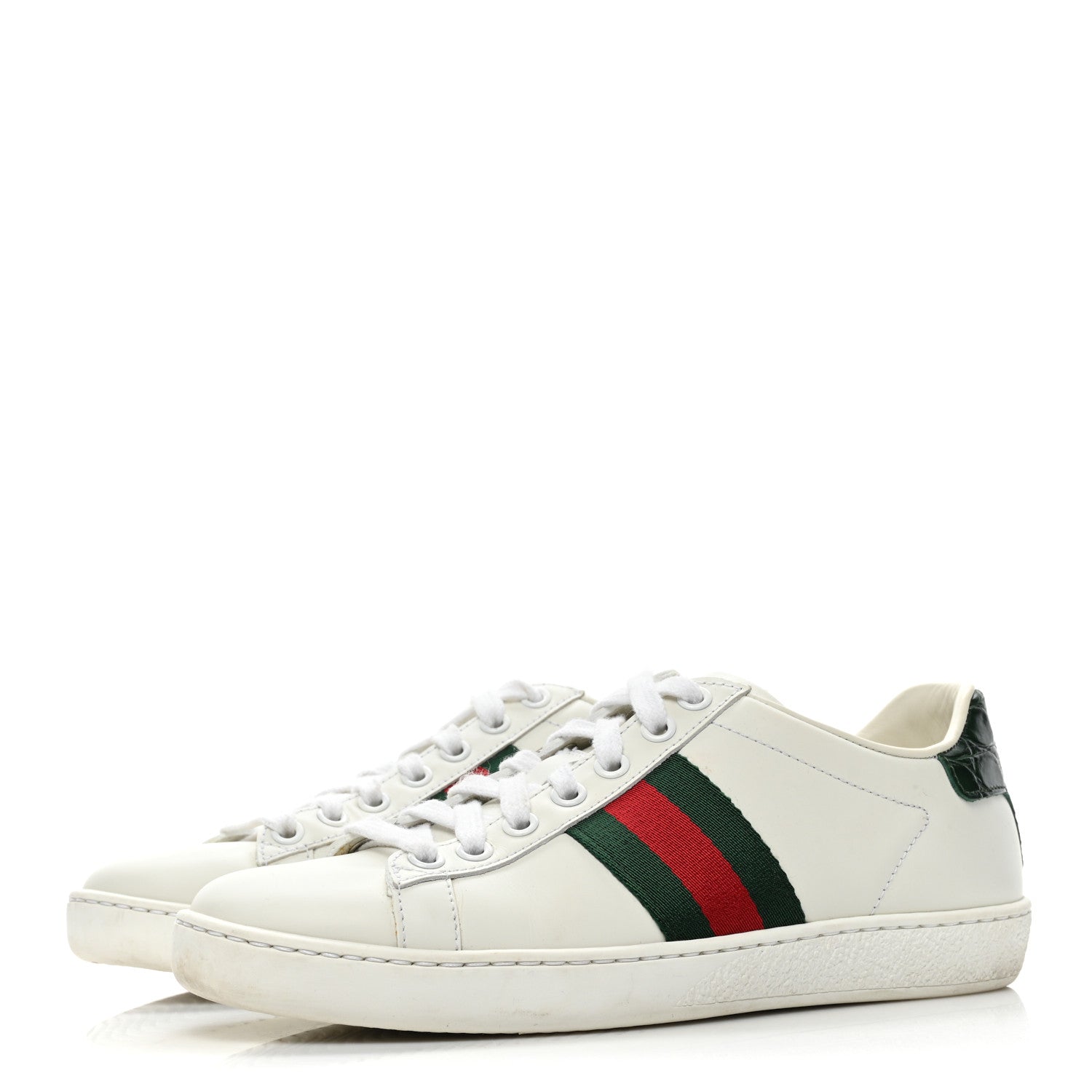 Gucci Calfskin Crocodile Web Womens Ace Sneakers 35 White Green 3 of 9