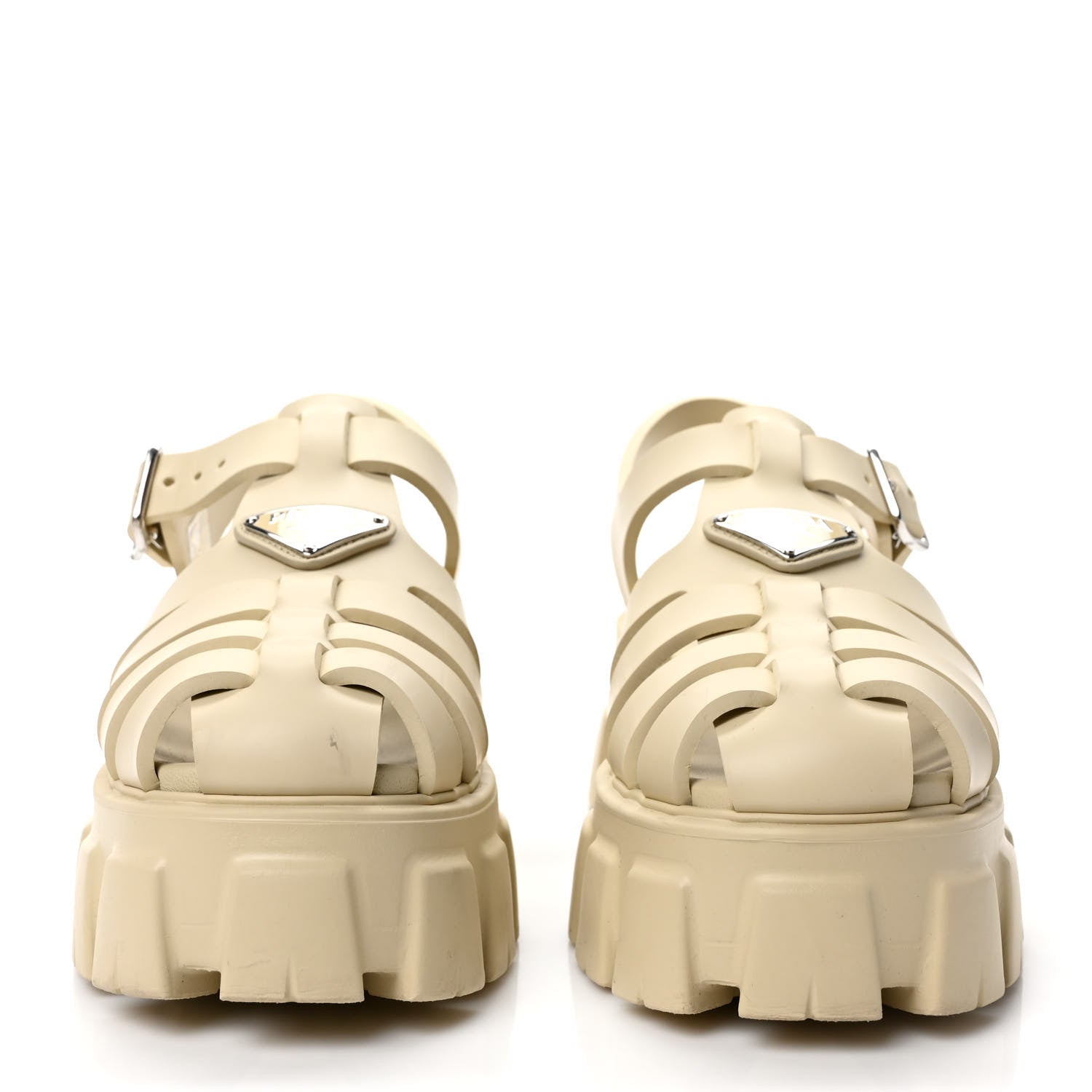 Prada Foam Rubber Metal Triangle Logo Monolith 55mm Cage Sandals 39 Quarzo 2 of 8