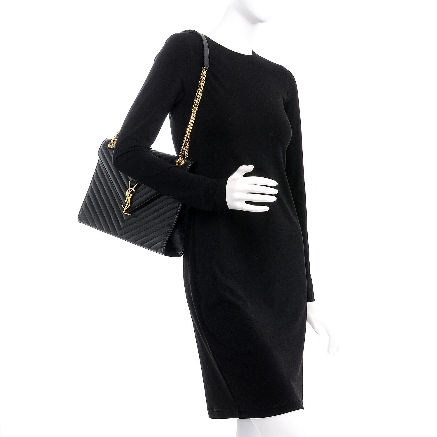 Saint Laurent Smooth Calfskin Matelasse Chevron Large Monogram Satchel Black 2 of 9