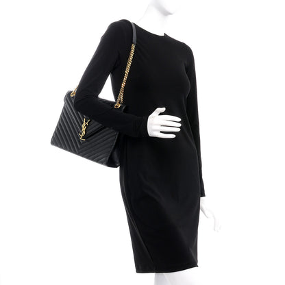 Saint Laurent Smooth Calfskin Matelasse Chevron Large Monogram Satchel Black 2 of 9
