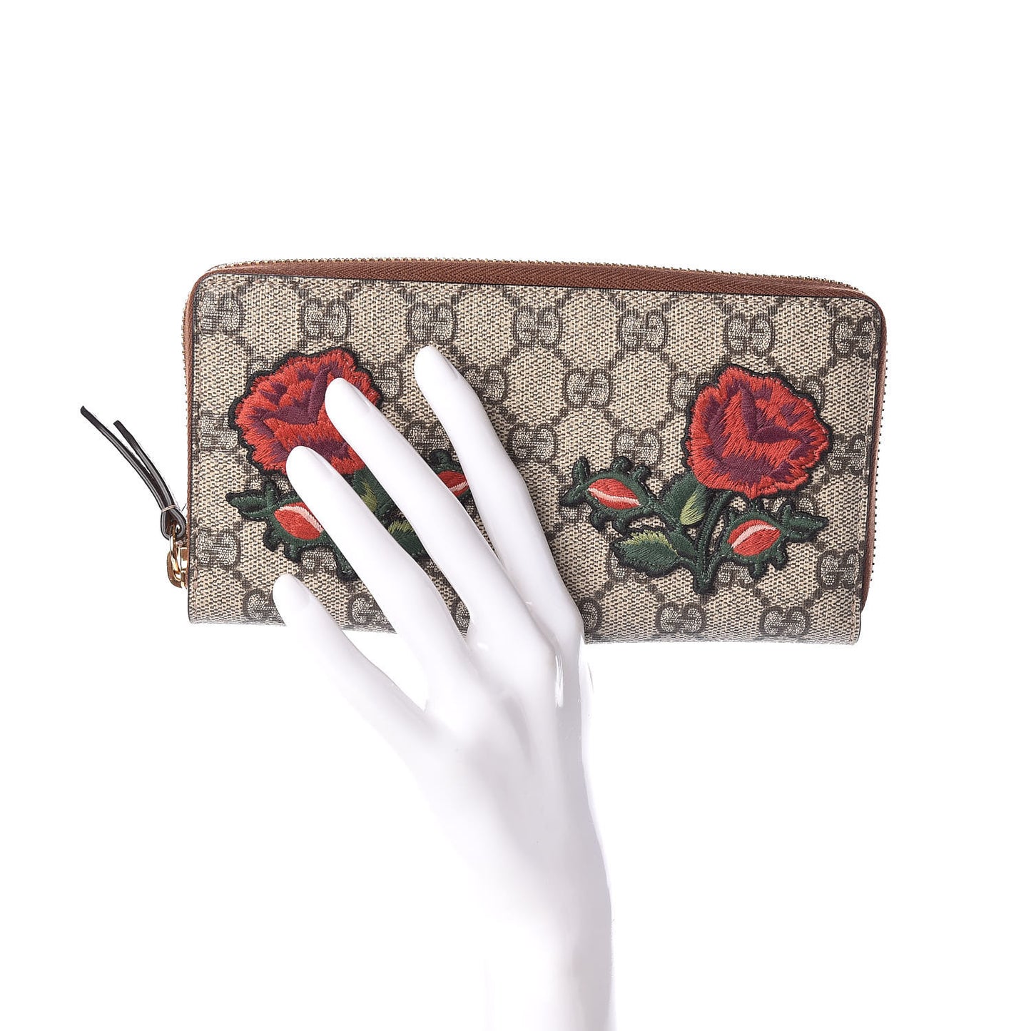GG Supreme Monogram Rose Embroidered Zip Around Wallet