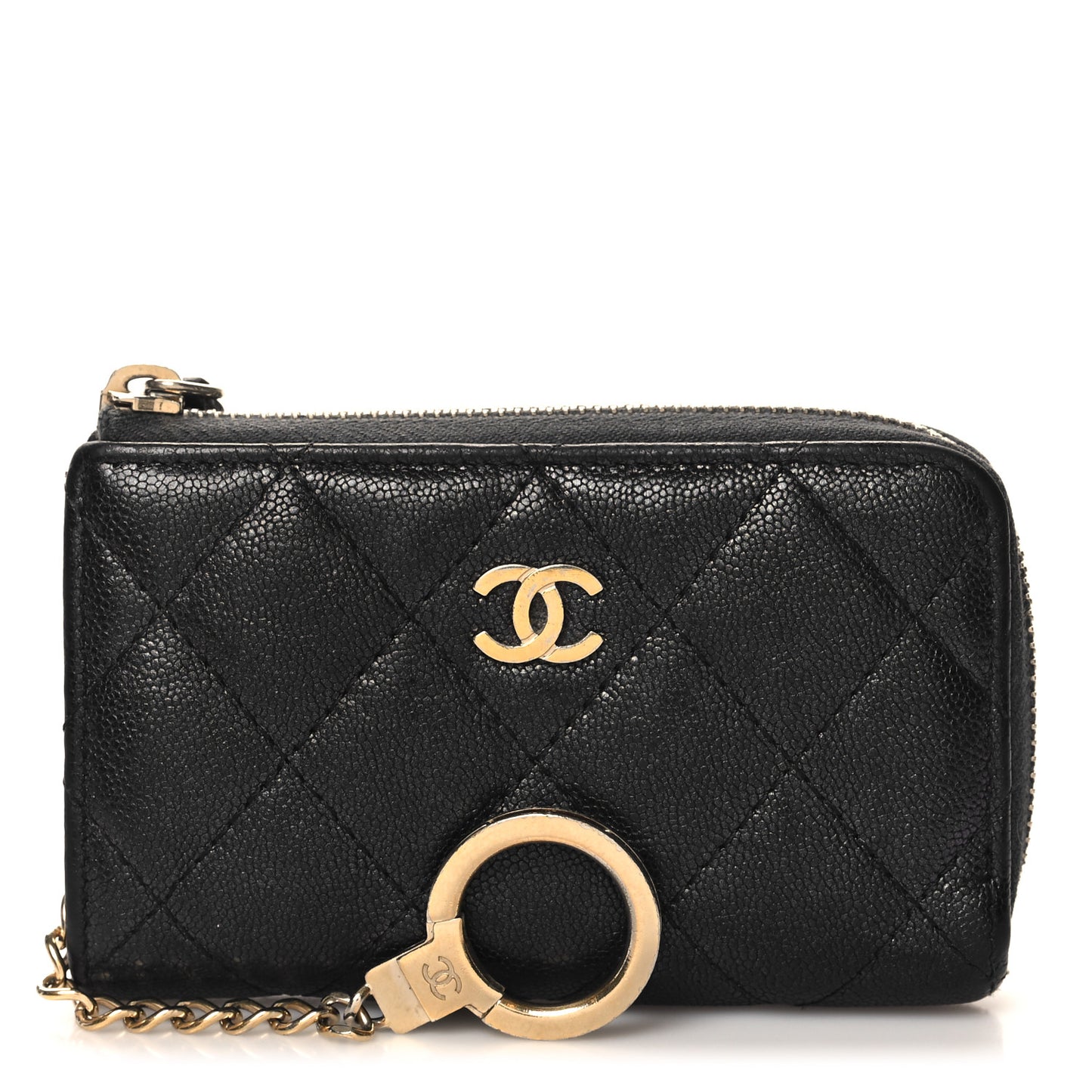 Iridescent Caviar Quilted Zipped Key Holder Case Black
