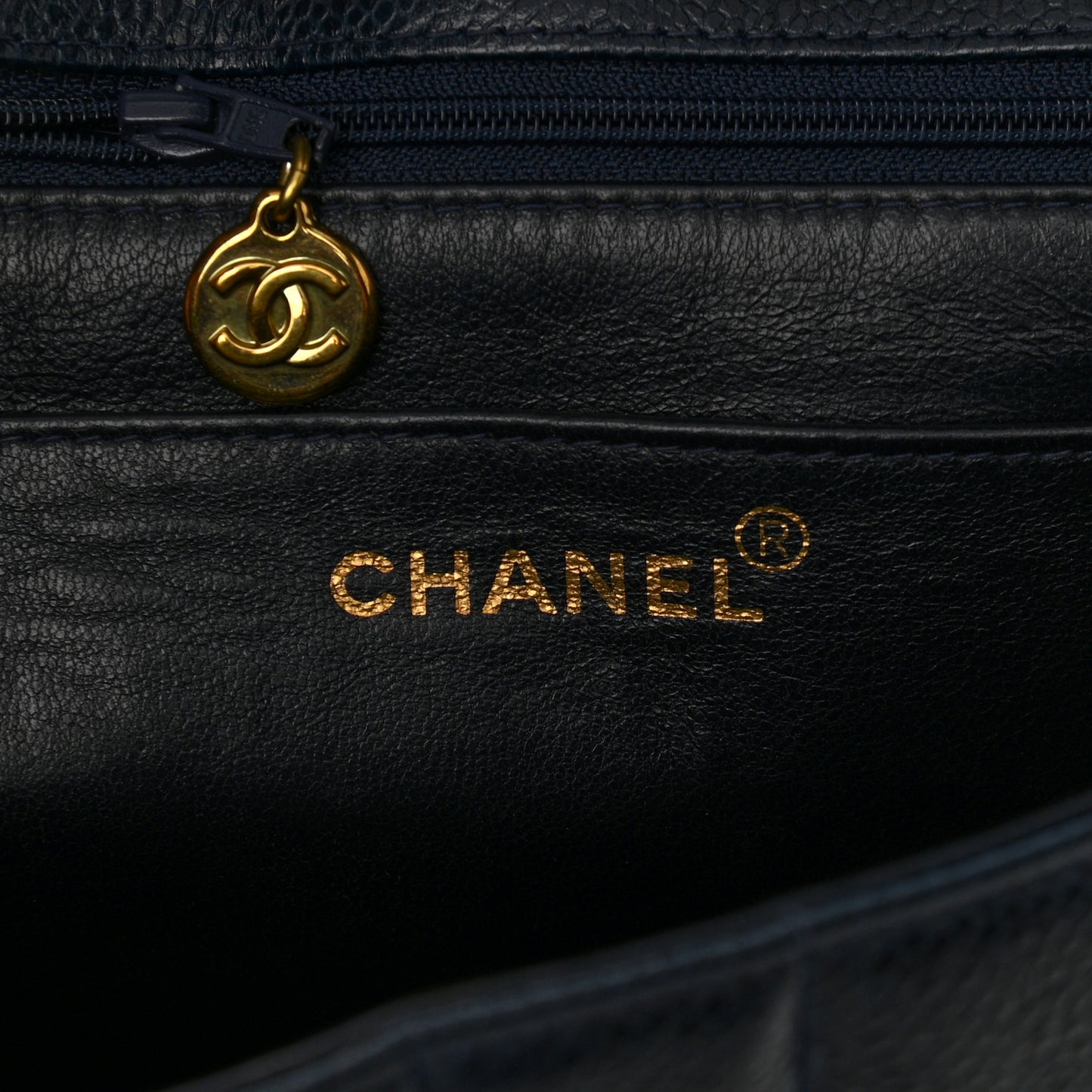 Caviar Vertical Quilted Small Single Flap Dark Blue