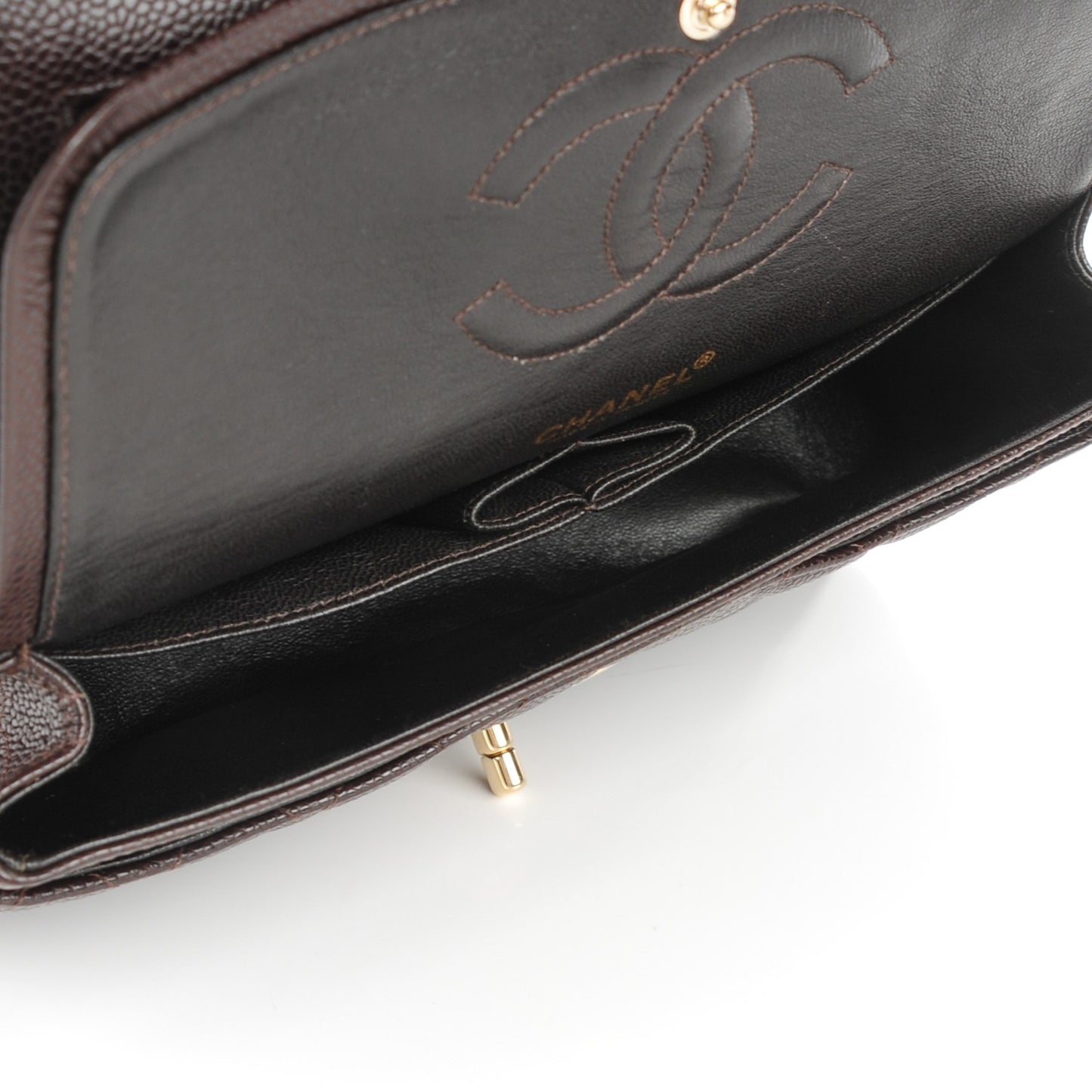 Caviar Quilted Medium Double Flap Dark Brown