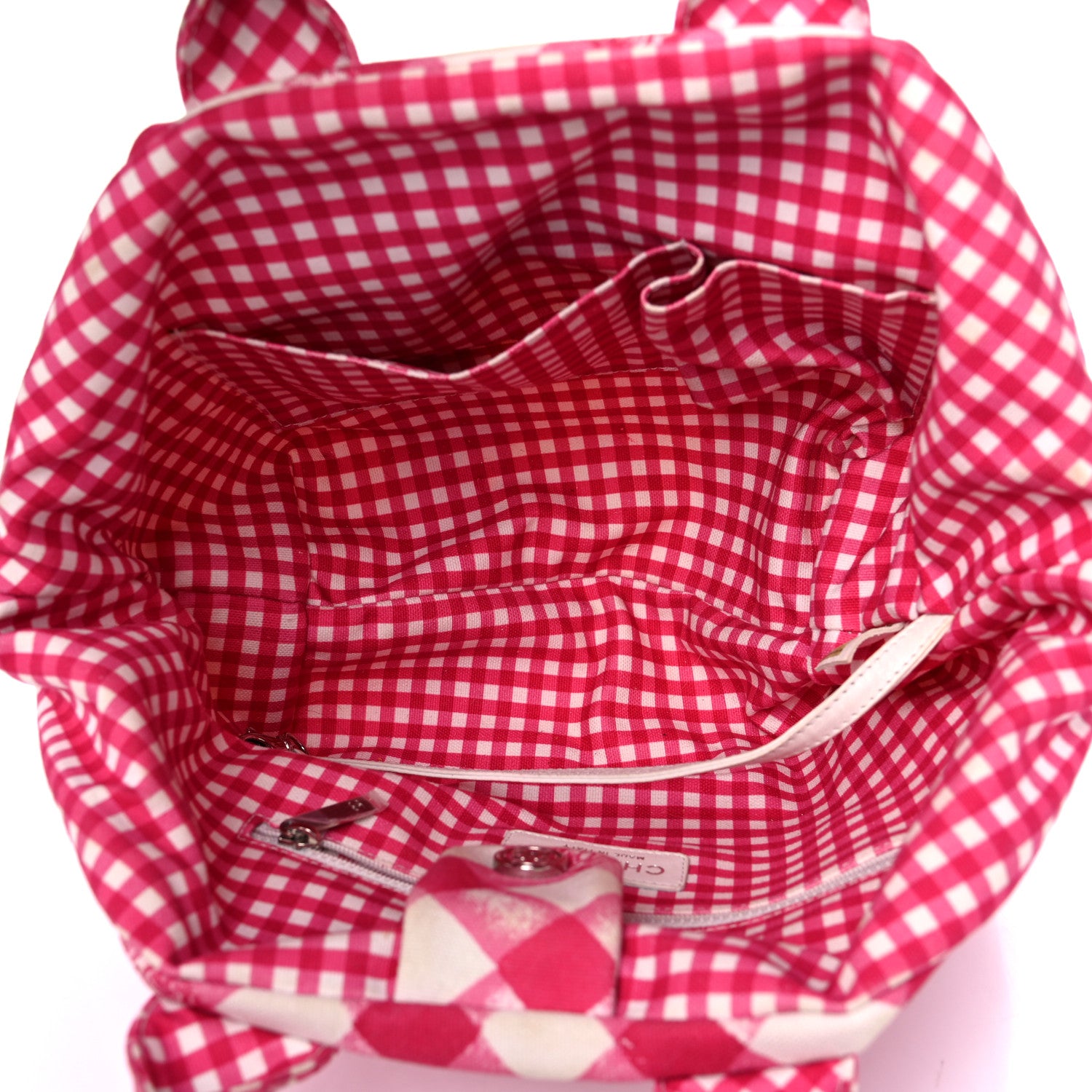 Chanel Canvas Gingham Printed Small CC Tote Pink White 5 of 13
