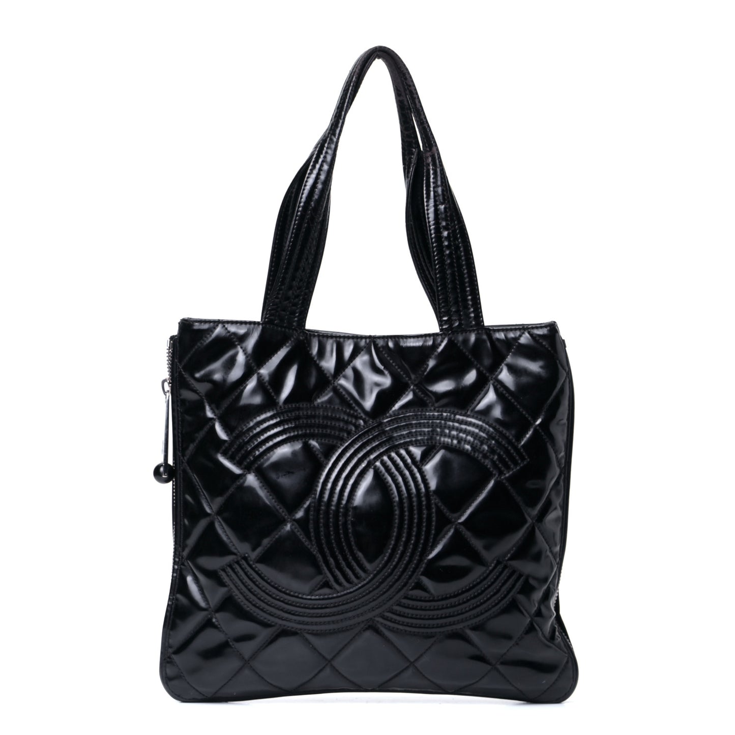 Patent Quilted Expandable CC Shoping Tote Black