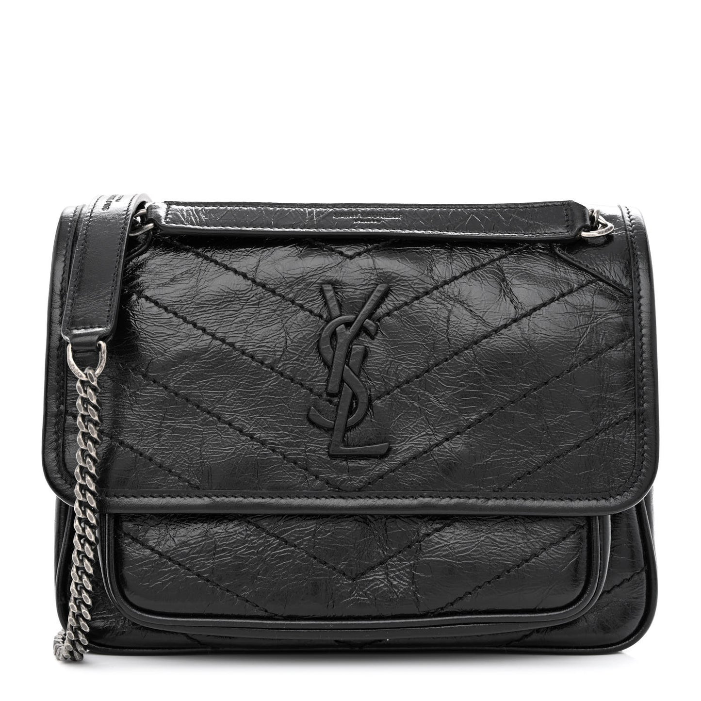 Crinkled Lambskin Matelasse Monogram Baby Niki Chain Satchel Black