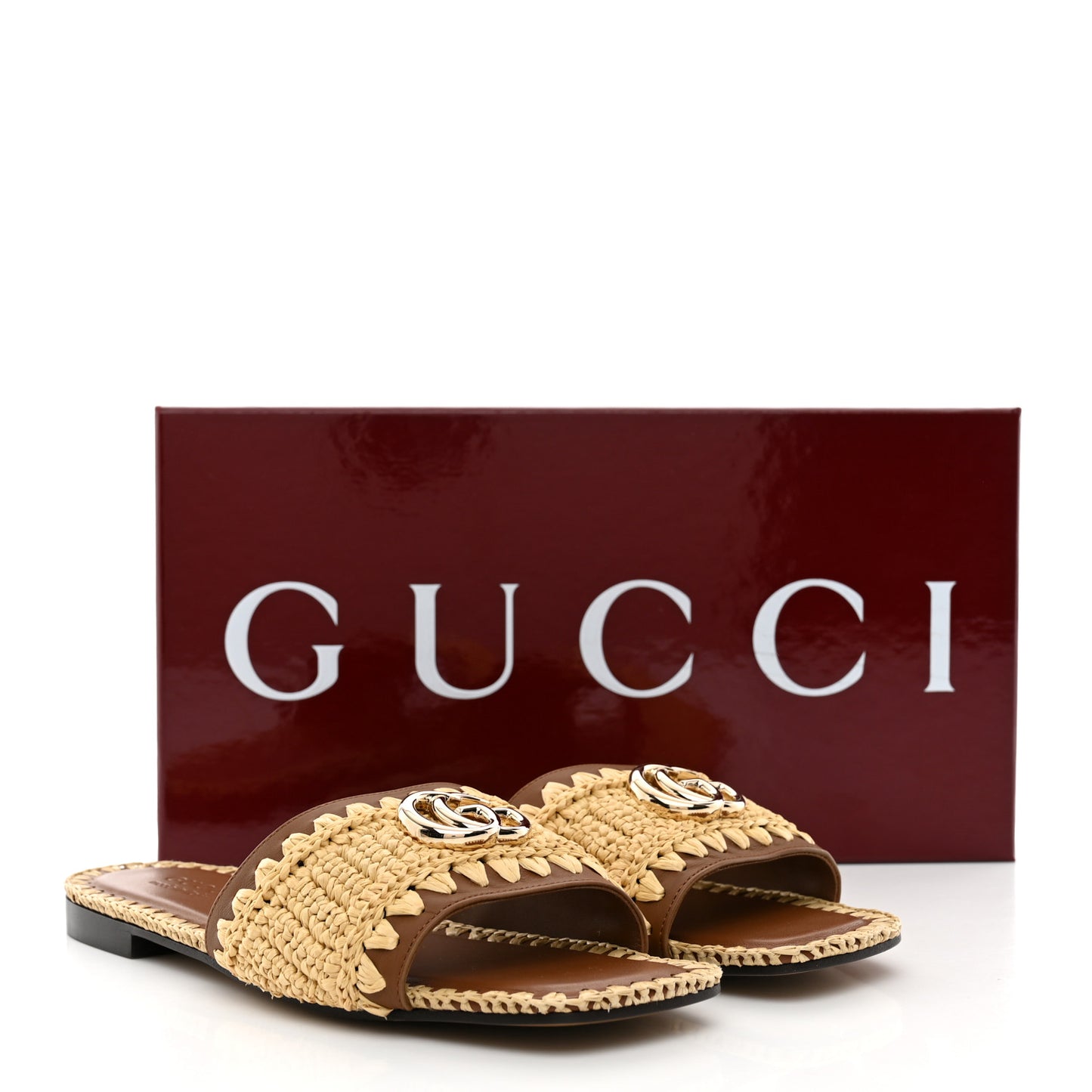Raffia Interlocking G Flat Slide Sandals 36.5 Bright Natural Sundial
