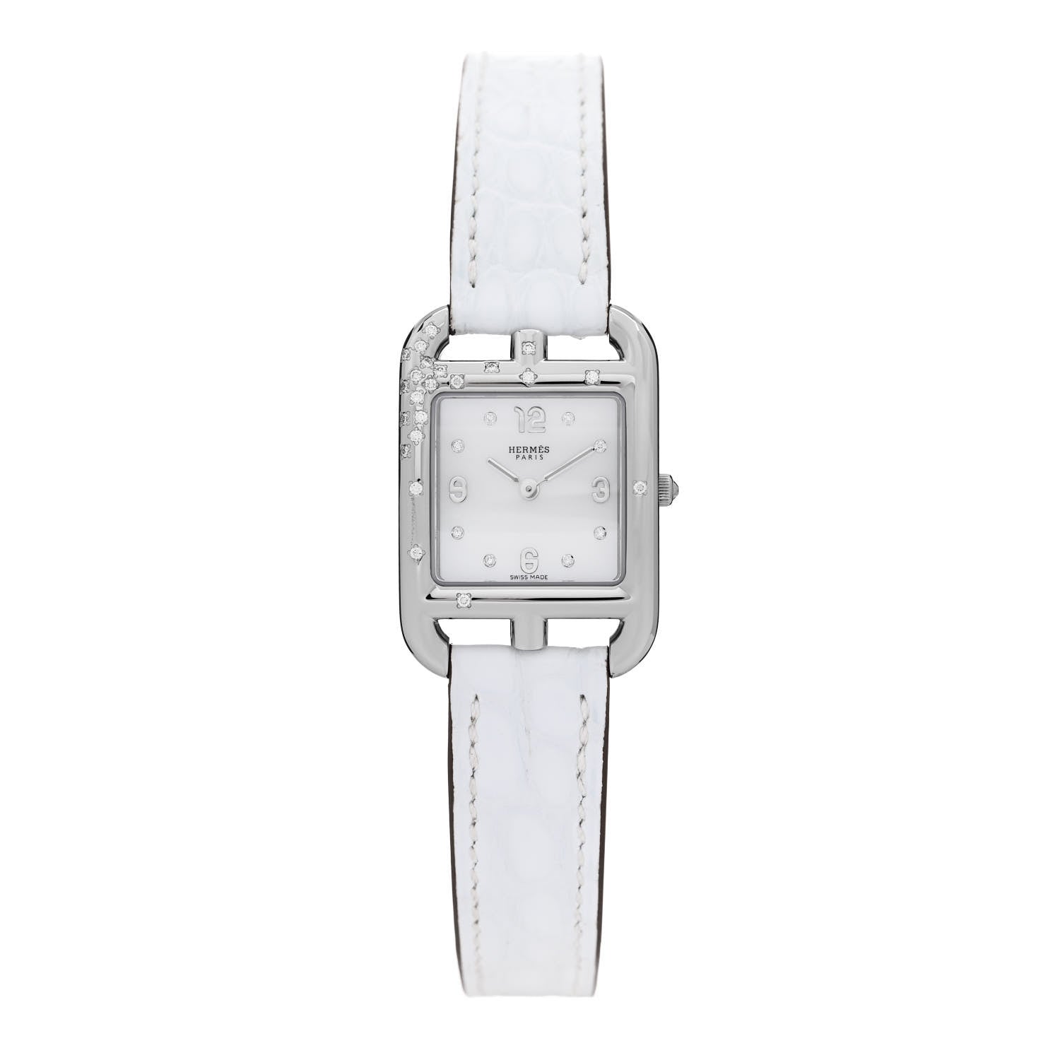 Hermes Stainless Steel Alligator Diamond Mother of Pearl 23mm Cape Cod Quartz Watch Bleu Brum 1 of 5