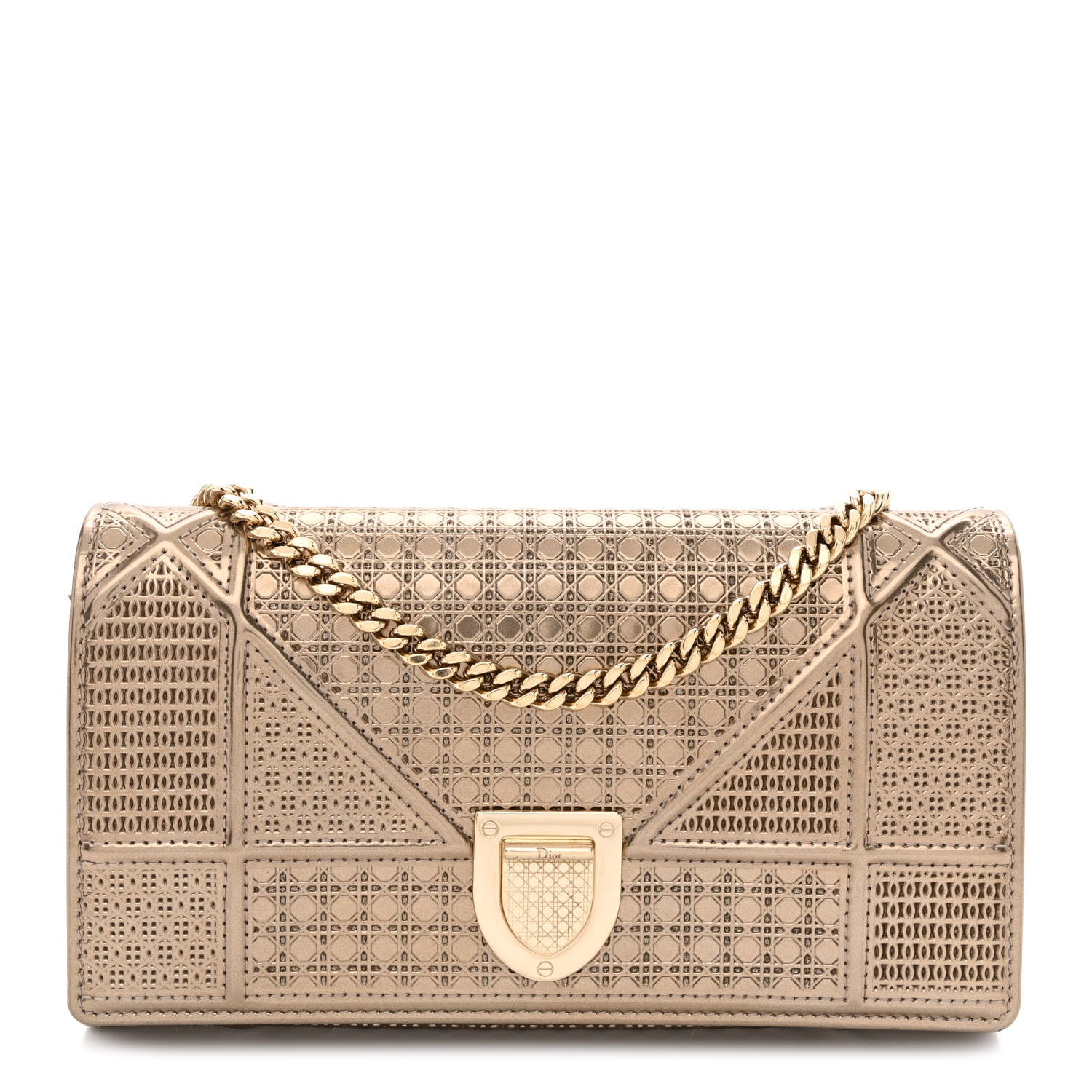 Christian Dior Metallic Patent Micro-Cannage Diorama Wallet on Chain Pouch Gold 1 of 12