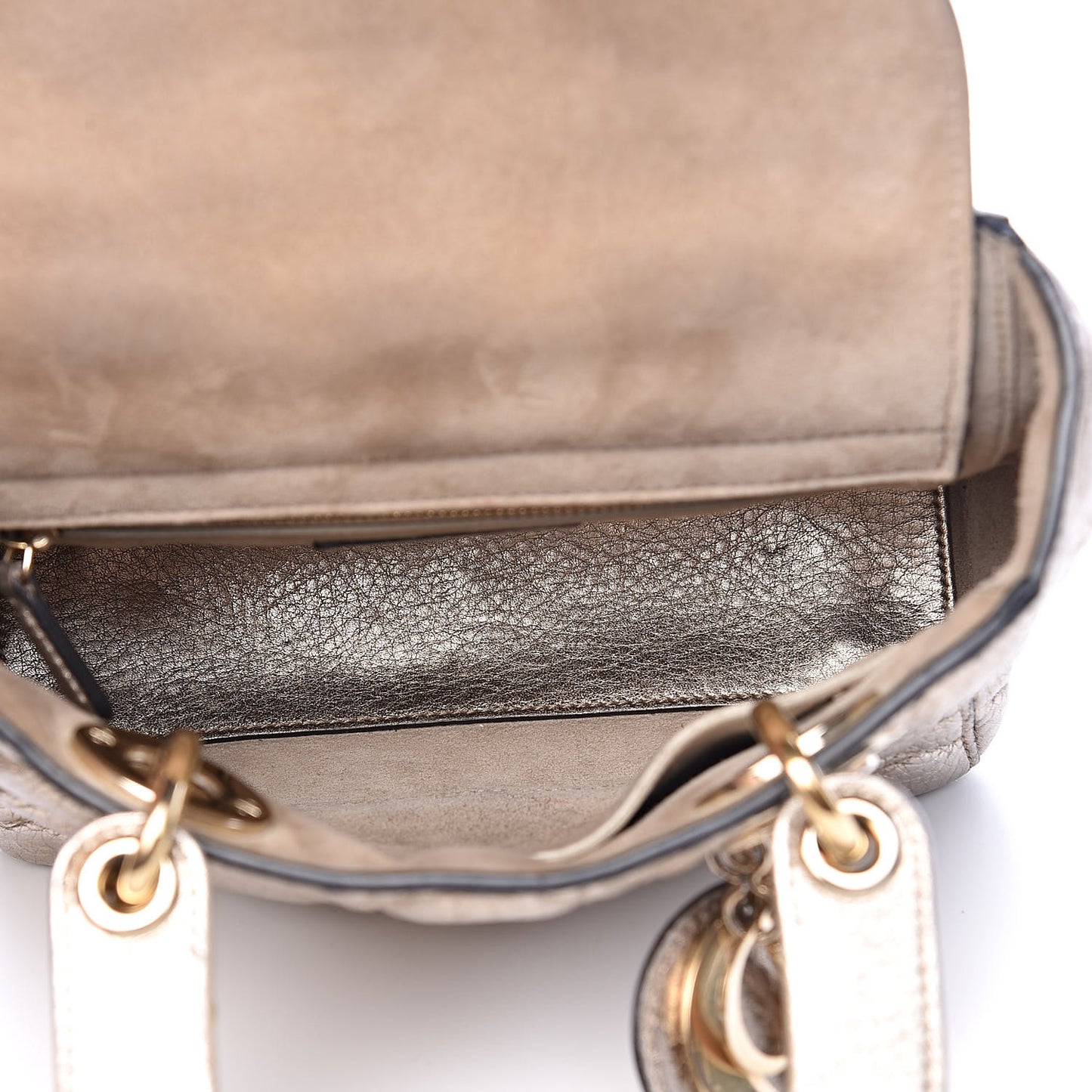 Metallic Grained Calfskin Cannage Small Supple Lady Dior Pale Gold