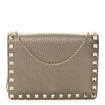 Valentino Garavani Metallic Pebbled Calfskin Rockstud Wallet on Chain Sasso 1 of 8