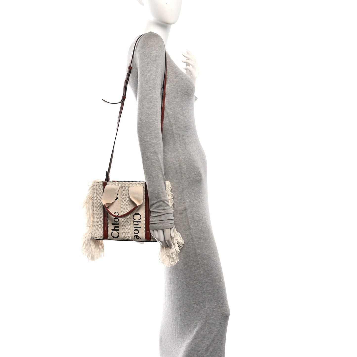 Cotton Calfskin Small Woody Ribbon Fringe Tote White Brown