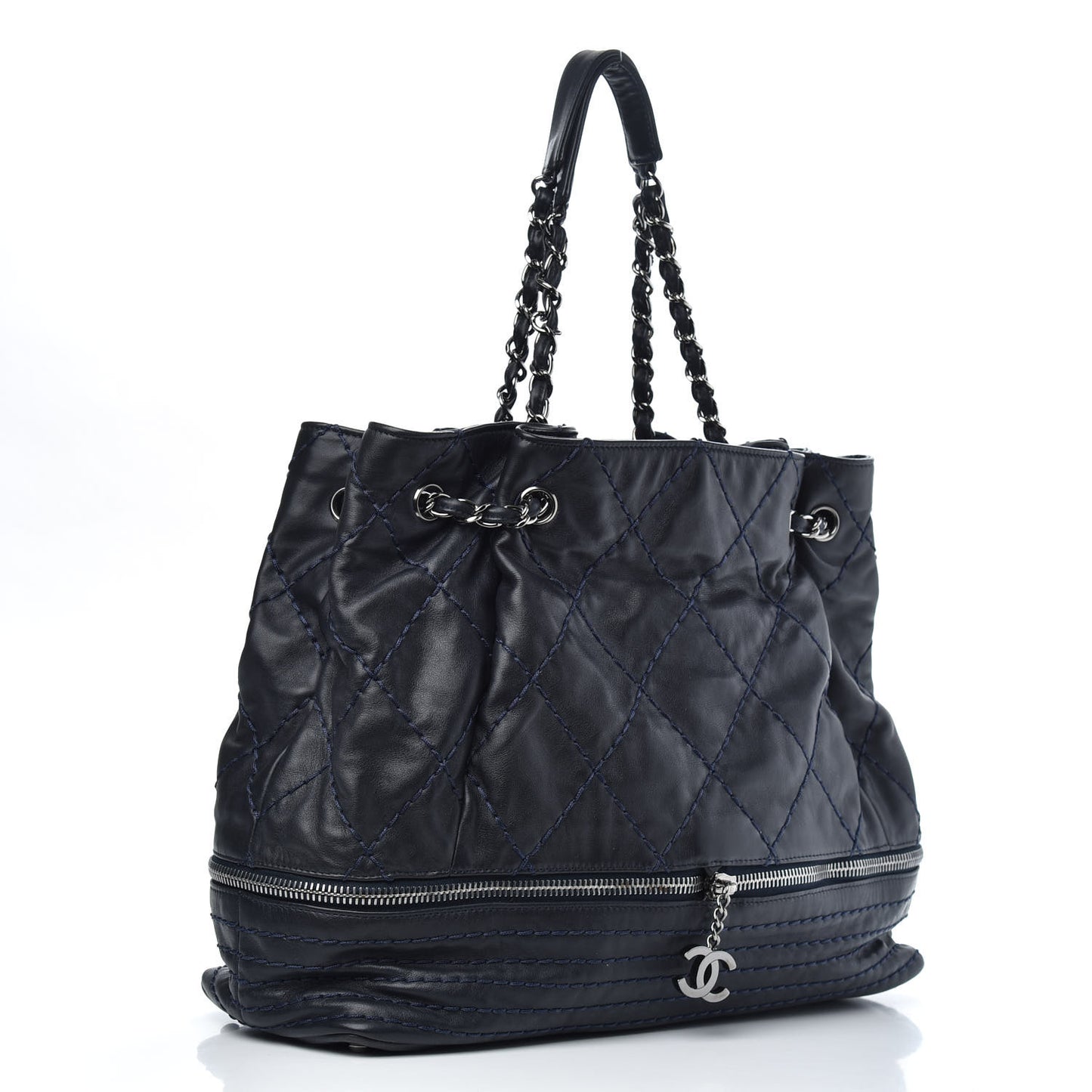 Lambskin Stitched Expandable Tote Navy