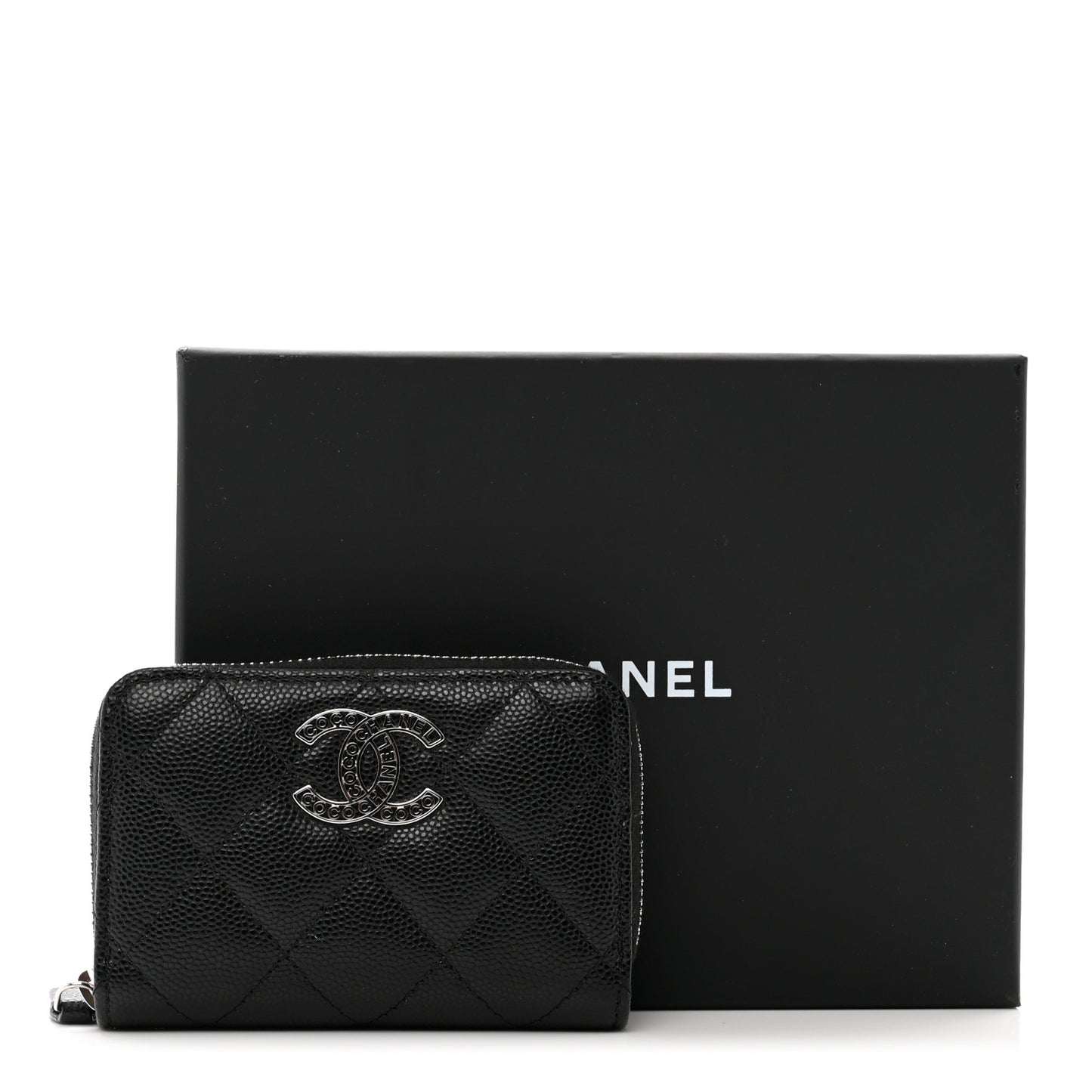 Caviar Quilted Coco Chanel Logo CC Zip Coin Purse Black