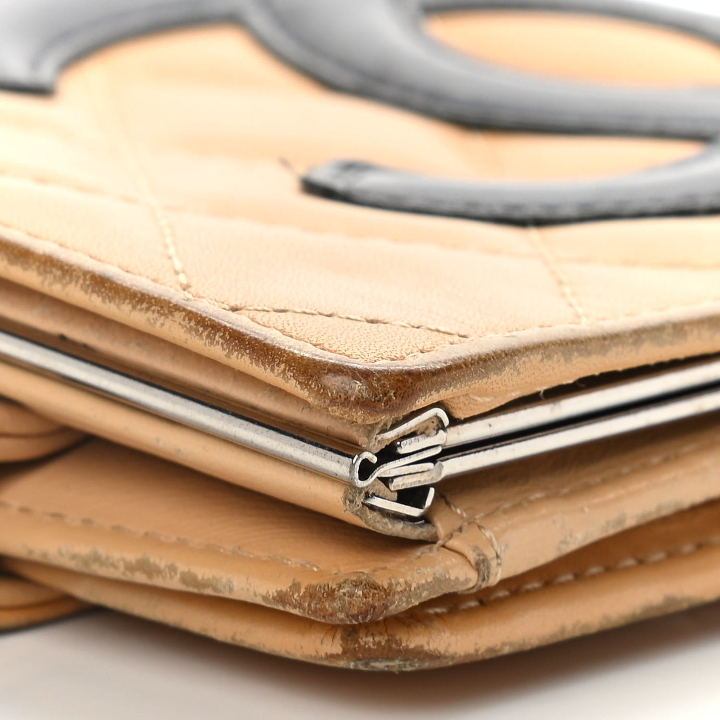 Calfskin Quilted Cambon Bi-Fold Wallet Beige Black
