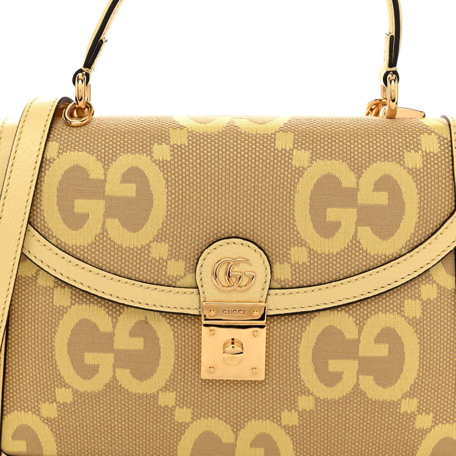 Gucci Monogram Jumbo GG Textured Dollar Calfskin Mini Ophidia Padlock Top Handle Shoulder Bag Camel Banana 8 of 11