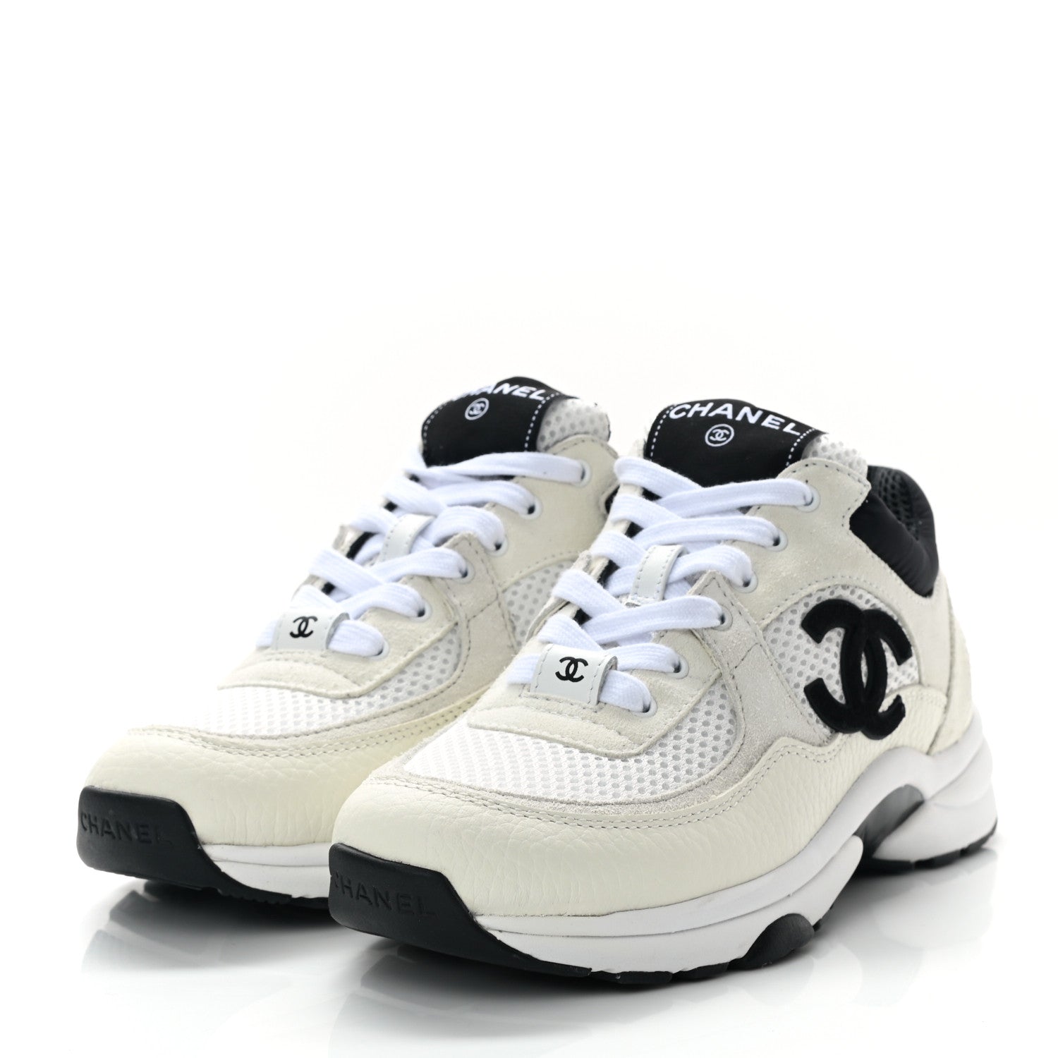 Chanel Mesh Suede Calfskin Grained Calfskin Womens CC Sneakers 35 White Black 3 of 9