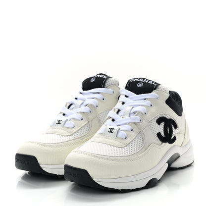 Chanel Mesh Suede Calfskin Grained Calfskin Womens CC Sneakers 35 White Black 3 of 9