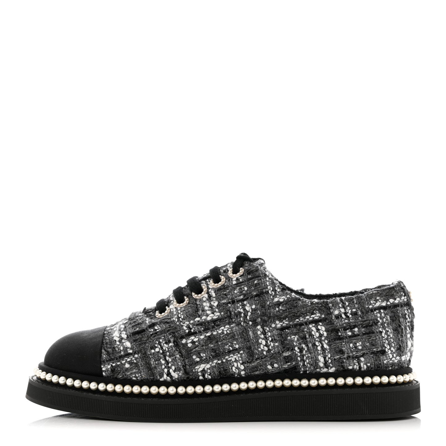 Tweed Grosgrain Pearl Lace Up Sneakers 39.5 Black