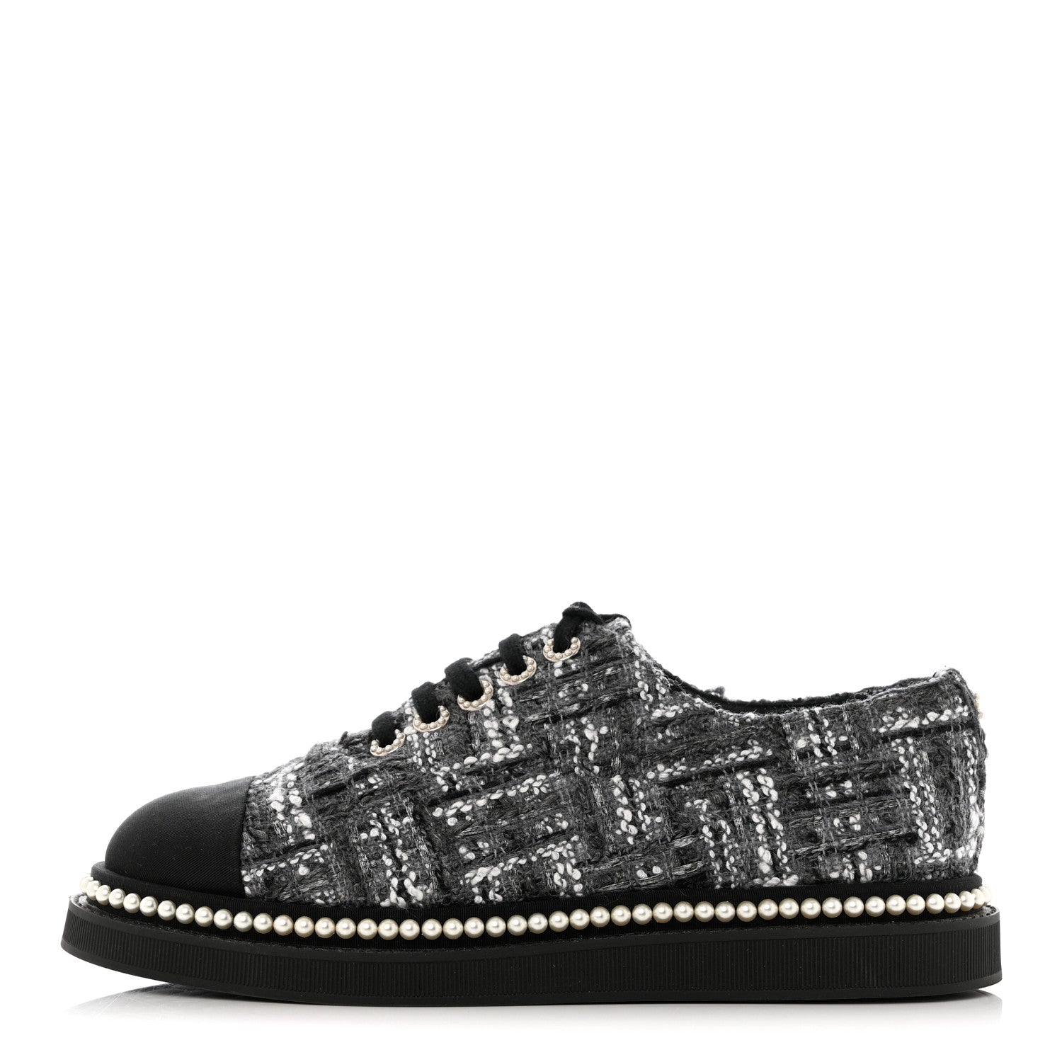 Chanel Tweed Grosgrain Pearl Lace Up Sneakers 39.5 Black 1 of 8