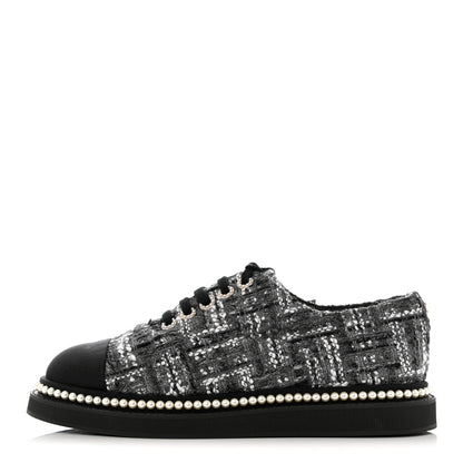 Chanel Tweed Grosgrain Pearl Lace Up Sneakers 39.5 Black 1 of 8